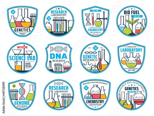 Science, research and chemistry icons. DNA and genetic laboratory vector icons. Genome research, chemistry and bio fuel development or biotechnology and biochemistry science