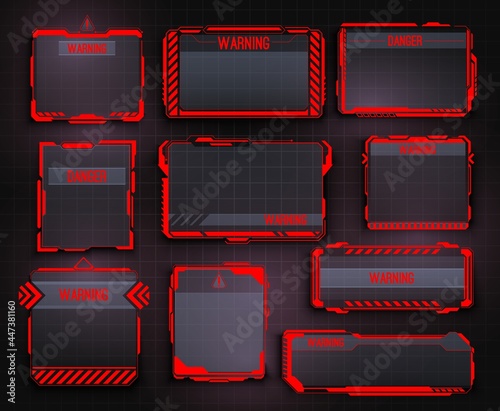 HUD warning display and screen frames, danger info borders. Safety system alert window, spaceship caution message and futuristic UI interface warning vector panels with red arrows and high tech frames