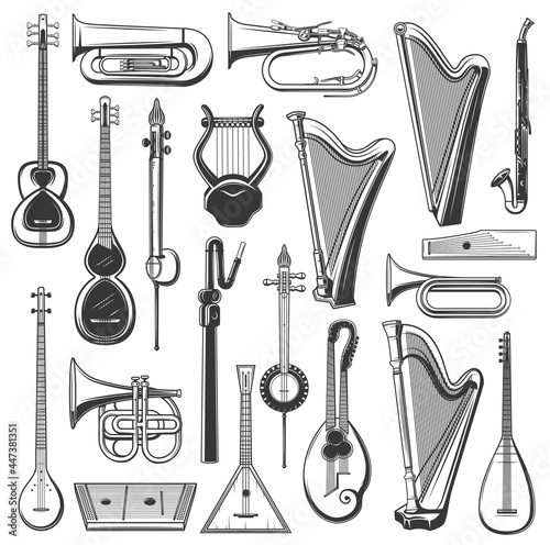 Musical instruments isolated vector tuba, harp and balalaika, klappenhorn, clarinet alto or tar. Kemanche, chattar and tanbur sharke, cornet, gusli, saz and trumpet music instruments monochrome set