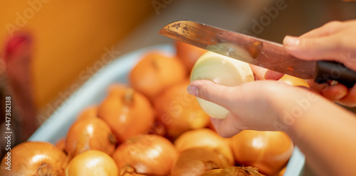 Chef cutting onion for preparing raw material for cooking the lunchbox for the customer to take away at the kitchen in restaurant 