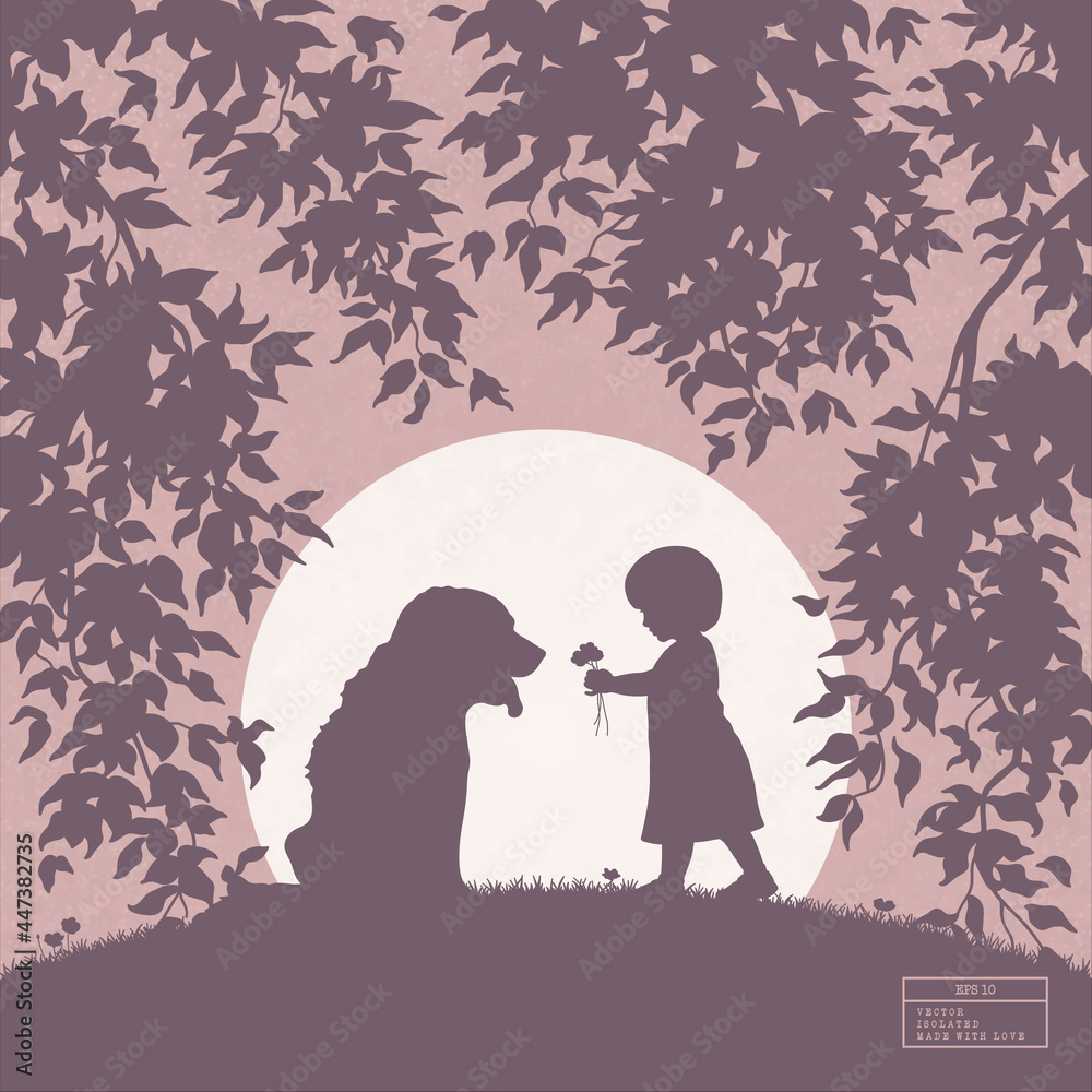Girl and dog. Baby and pet silhouette. Friendship of child and animal Girl and dog. Baby and pet silhouette. Friendship of child and animal