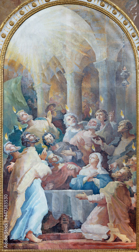 Fotografie, Obraz VIENNA, AUSTIRA - JUNI 24, 2021: The painting of Pentecost in the church Kalvarienbergkirche by Hans Alexander Brunner (1962)