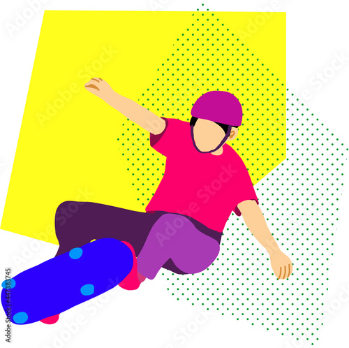 スケートボードをする人（ポーズ3） スケートボードをする人を原色のベタ塗りで表現しました。スポーツの味がでるよう動きのある背景もつけています。