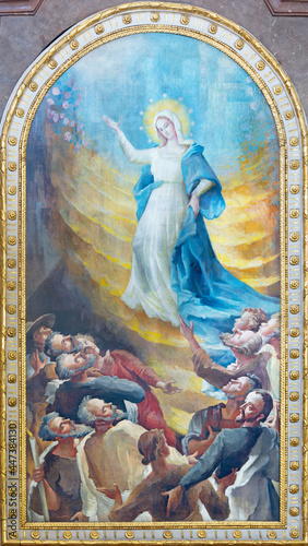 VIENNA, AUSTIRA - JUNI 24, 2021: The painting of Assumption of Virgin Mary in the church Kalvarienbergkirche by Hans Alexander Brunner (1962).