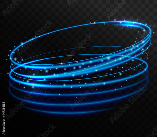 Rotating glowing rings, ellipses. Blue light effect. Swirling sparkling lines. Dynamic neon circles
