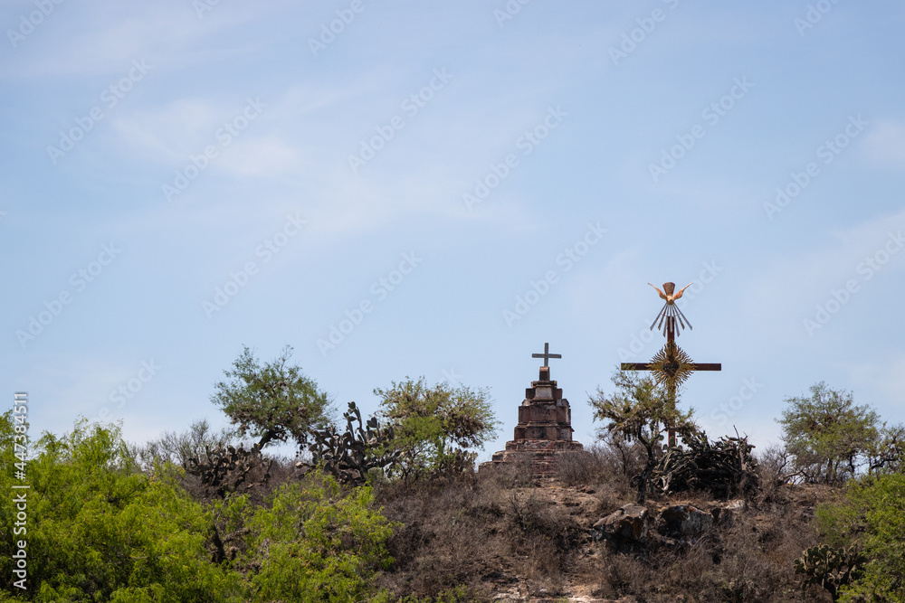 The cross of the apostolate at the top of a hill next to the ex hacienda Pozo del Carmen, Armadillo de los Infante, San Luis Potosi