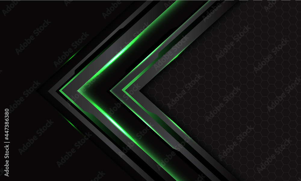 Abstract green cyber black circuit arrow on dark grey with hexagon mesh design modern futuristic technology background vector illustration. Abstract green cyber black circuit arrow on dark grey with hexagon mesh design modern futuristic technology background vector illustration.