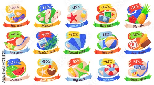 Set of special sale labels or tags, season discount symbol kit. Beach and sea travel design collection. Stock vector illustration isolated on white background in cartoon realistic style