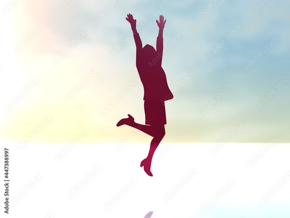 Obraz premium ジャンプして喜ぶ若者の女性シルエット