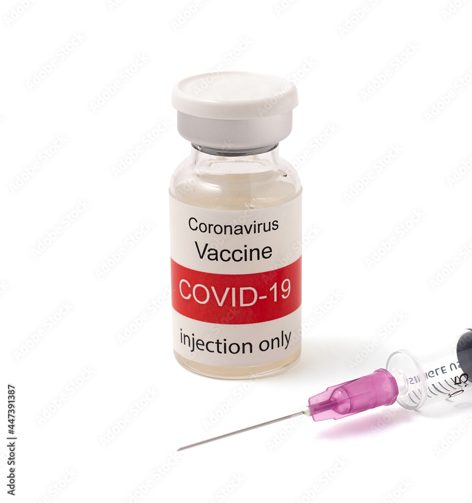 Glass bottle of Covid-19 vaccine and syringe isolated on a white background, red and white label, Healthcare and Medical concept. Injection device for preventing the spread of COVID-19 (Corona Virus). Glass bottle of Covid-19 vaccine and syringe isolated on a white background, red and white label, Healthcare and Medical concept. Injection device for preventing the spread of COVID-19 (Corona Virus).