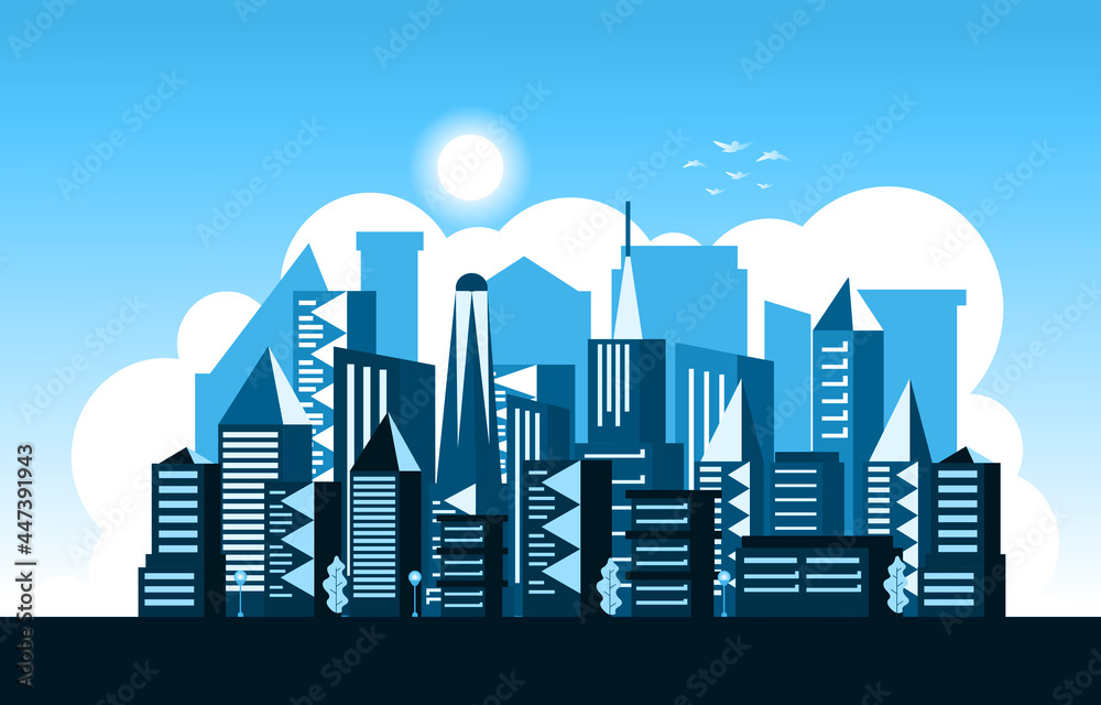 Fototapeta premium Day Sun Modern City Skyscraper Building Cityscape Skyline Illustration