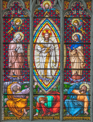 VIENNA  AUSTIRA - JUNI 24  2021  The  Transfiguration on the stained glass in the Votivkirche church originaly by workrooms from Austria  19. cent. .