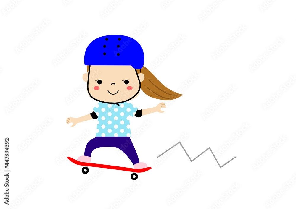 ヘルメットとプロテクターを着けてスケートボードをしている女の子