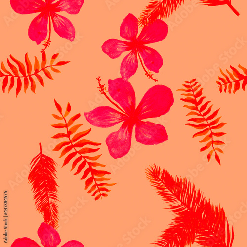 Pink Seamless Nature. Red Pattern Textile. Ruby Tropical Painting. Scarlet Flower Illustration. Coral Drawing Textile. Spring Painting. Flora Exotic. Floral Background.