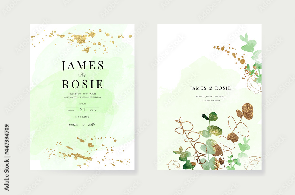 Minimal green tropical Wedding Invitation, floral invite thank you, rsvp modern card Design in botanical flower water color texture decorative Vector elegant rustic template