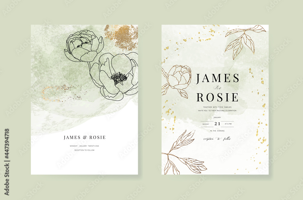 Minimal green tropical Wedding Invitation, floral invite thank you, rsvp modern card Design in botanical flower water color texture decorative Vector elegant rustic template