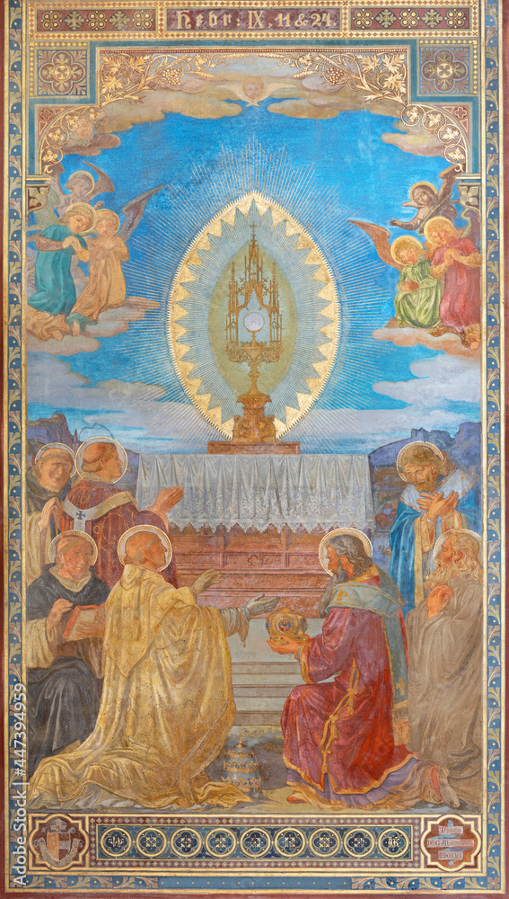 VIENNA, AUSTIRA - JUNI 24, 2021: The fresco of Adoration of holys in front of Eucharist in the Votivkirche church by brothers Carl and Franz Jobst (sc. half of 19. cent.).