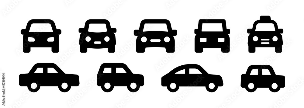 Car icon set. Front view and side view vehicle vector symbol isolated on white background.