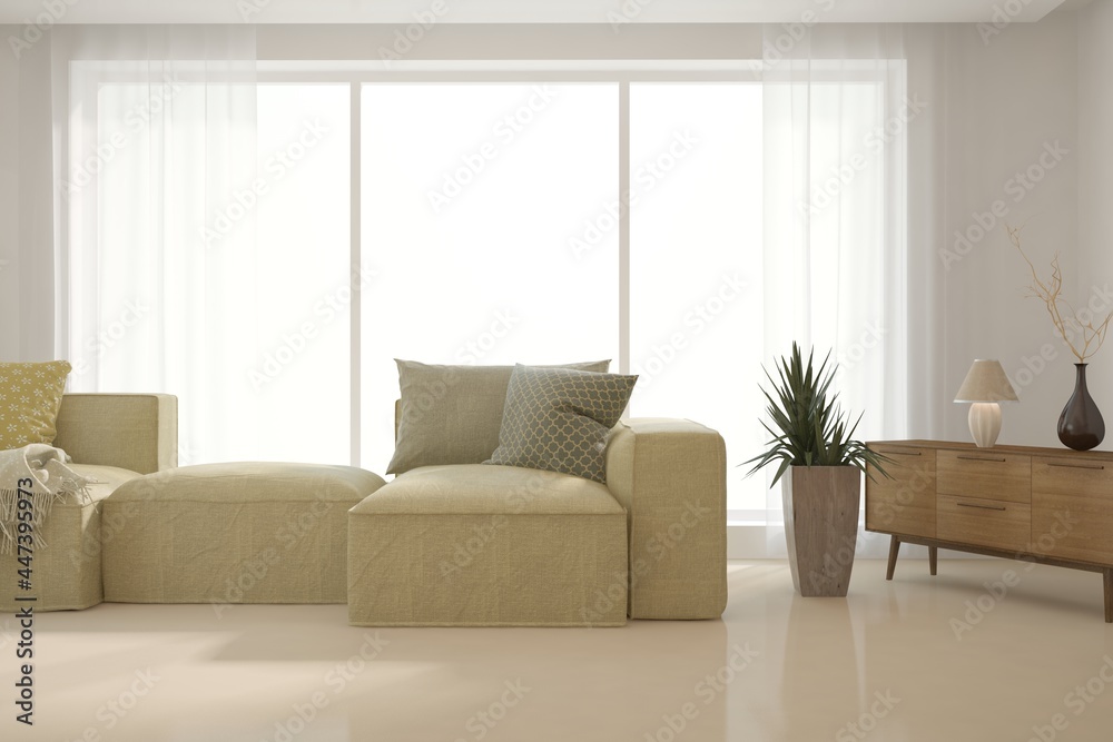 Fototapeta premium White living room with sofa. Scandinavian interior design. 3D illustration