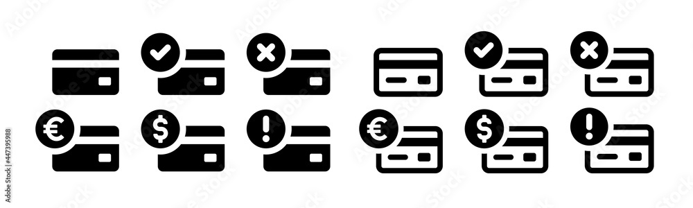 Credit card icon set isolated on white background. Containing credit or debit card with euro, dollar, check mark, cross and exclamation mark symbol. Credit card icon set isolated on white background. Containing credit or debit card with euro, dollar, check mark, cross and exclamation mark symbol.