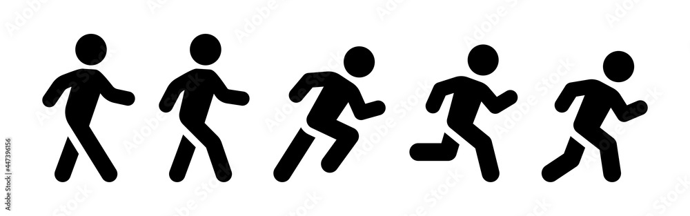 Person walking and running icon set. Posture stickman vector collection.