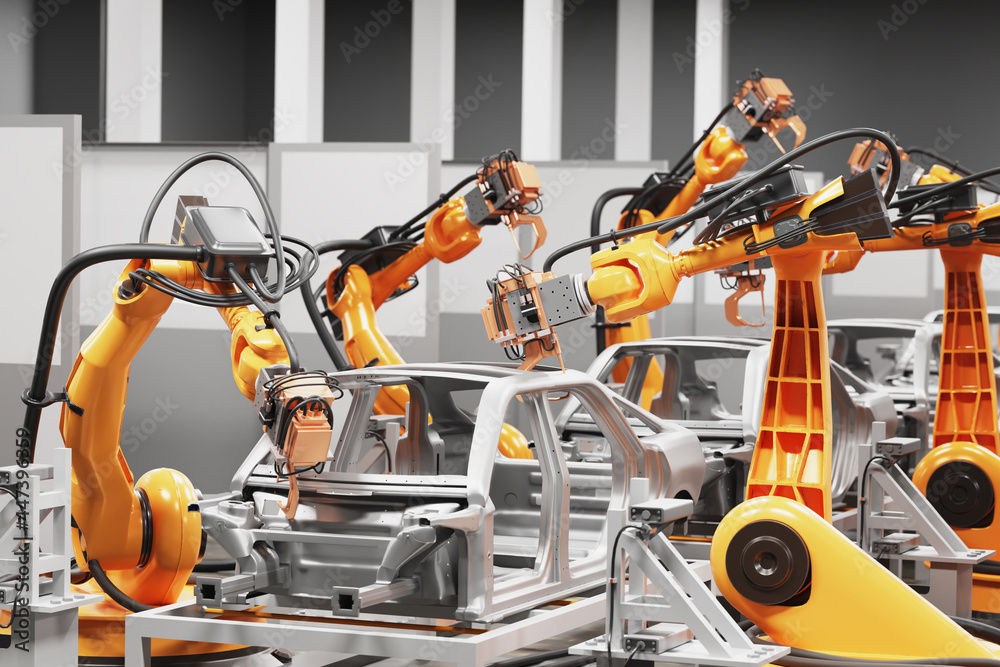 Automobile production line using robots to work in smart factories. 3d Illustration