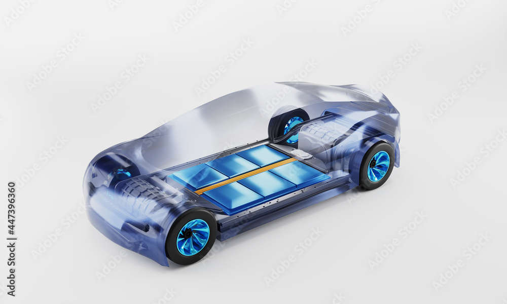 Inside ev car. battery pack rechargeable cells inside. chassis ...