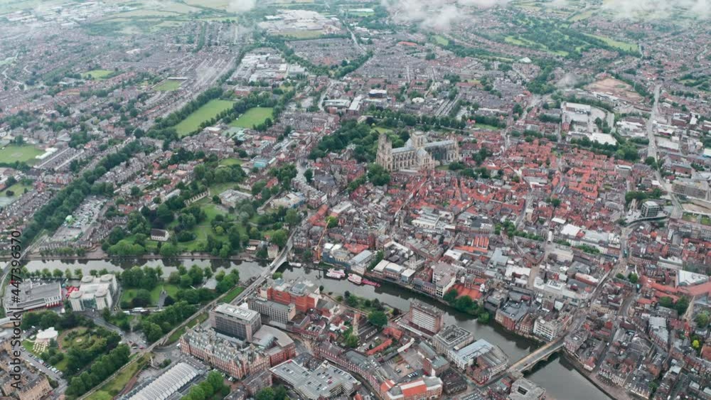 High dolly forward drone shot over York City centre High dolly forward drone shot over York City centre