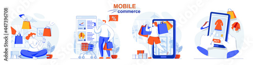 Mobile commerce concept set. Buyers make purchases in app, smart online shopping. People isolated scenes in flat design. Vector illustration for blogging, website, mobile app, promotional materials.