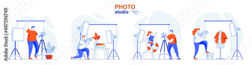 Photo studio concept set. Photographer doing photos with model, clothes or food. People isolated scenes in flat design. Vector illustration for blogging, website, mobile app, promotional materials.