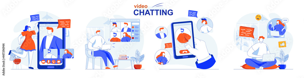 Video chatting concept set. Online communication, friends talk in video calls. People isolated scenes in flat design. Vector illustration for blogging, website, mobile app, promotional materials.