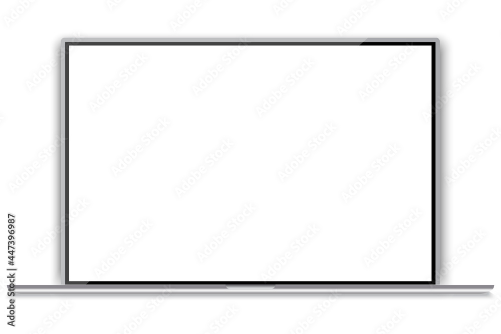 realistic thin laptop on soft white background. Screen vector mockup. Computer technology. Vector illustration.
