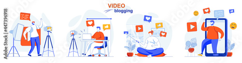 Video blogging concept set. Bloggers recording videos, create digital content. People isolated scenes in flat design. Vector illustration for blogging, website, mobile app, promotional materials.