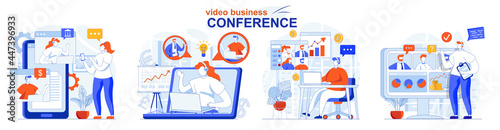 Video business conference concept set. Colleagues call up in working video chats. People isolated scenes in flat design. Vector illustration for blogging, website, mobile app, promotional materials.