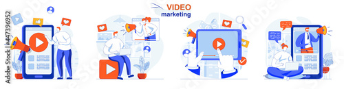 Video marketing concept set. Advertising content creation, video blog promotion. People isolated scenes in flat design. Vector illustration for blogging, website, mobile app, promotional materials.