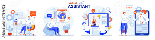 Virtual assistant concept set. Clients write to chats and calls to operators. People isolated scenes in flat design. Vector illustration for blogging, website, mobile app, promotional materials.