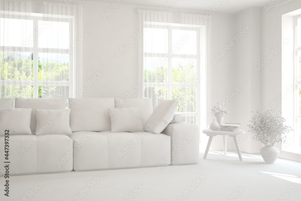 White minimalist living room with sofa. Scandinavian interior design. 3D illustration White minimalist living room with sofa. Scandinavian interior design. 3D illustration
