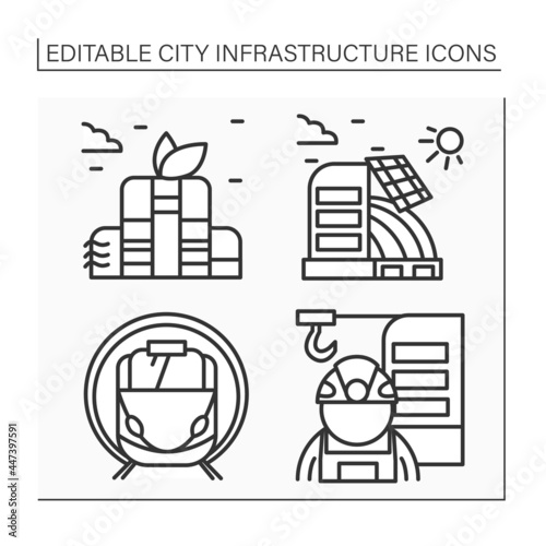 City infrastructure line icons set. Structural engineer, solar battery, railway station, green building. Industrialization Isolated vector illustrations. Editable stroke