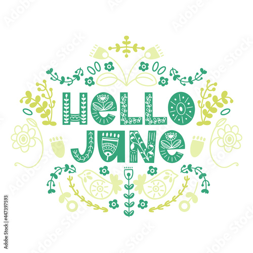 Hello June lettering. Elements for invitations, posters, greeting cards. Seasons Greetings
