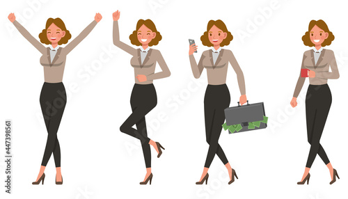Businesswoman working in office character vector design. Presentation in various action.