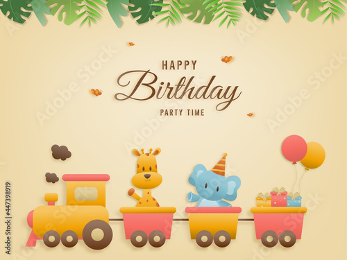 Cute jungle animal on train birthday greeting card. jungle animals celebrate children's birthdays and template invitation paper and papercraft style vector illustration. Theme happy birthday.