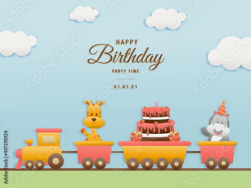 Birthday greeting card Cute jungle animal on train sky background. celebrate children's birthdays and template invitation paper and papercraft style vector illustration. Theme happy birthday.