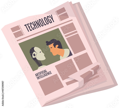Vintage newspaper of technology. News articles newsprint magazine old design. Printing text in preess. Brochure newspaper pages with headline of AI. Paper retro journal vector grunge template
