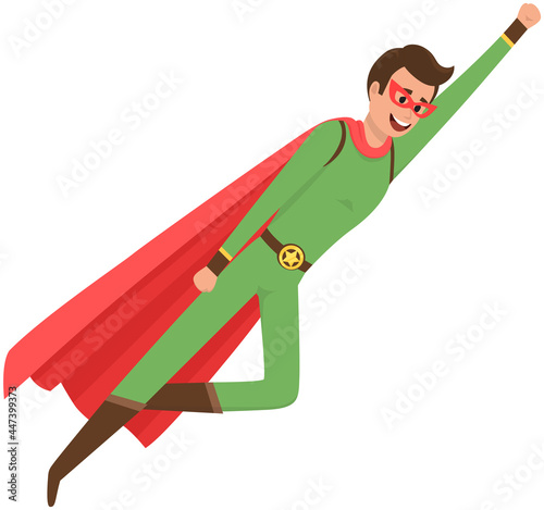 Strong superman smiles and flies to save world stretched out his hand. Brave character in superhero costume with red cloak on white background. Cartoon person hurries to protects people from villains