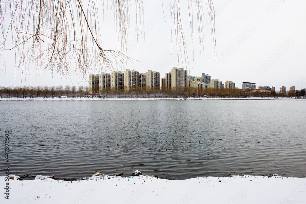 Obraz premium Snow scenery along the river in city Park in winter