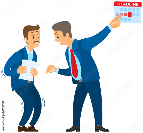 Angry boss shouting to employee. Conflict in office between chief and worker, stressed subordinate. Director scolds scared worker because of deadline, problems at work, time management scandal