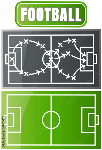 Top view of soccer field or football field flat vector illustration green grass playground with schema indicating position of players during match. Strategic plan of coach in team play  attack pattern