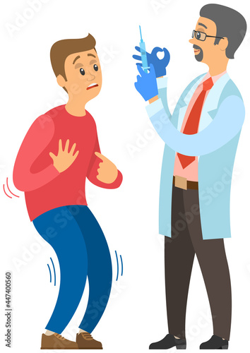 Doctor making treatment with vaccine to produce immunity against disease. Man is afraid of inoculation campaign. Guy suffering from fear of injection, trypanophobia. Fear of syringes, phobia, horror