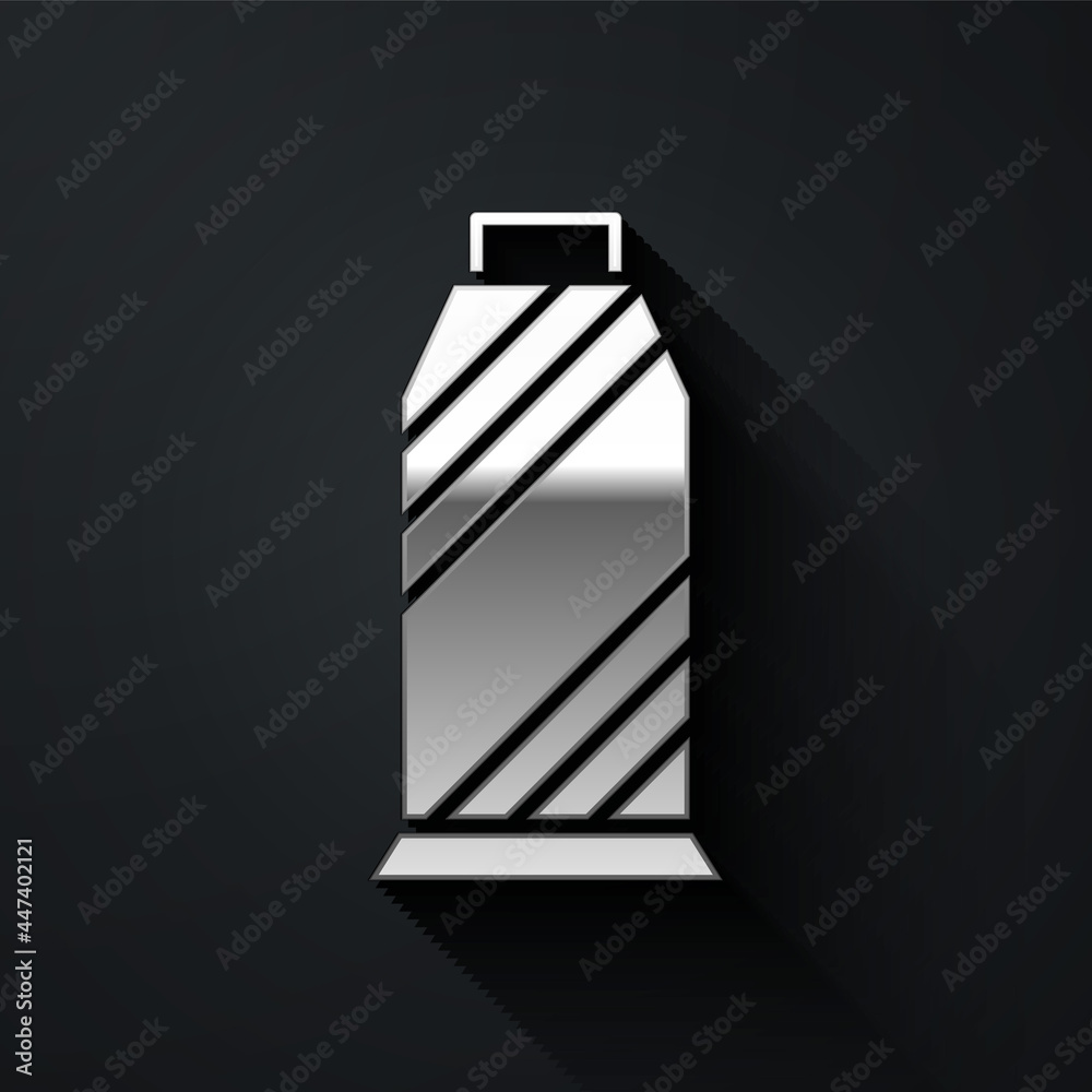 Silver Sewing thread on spool icon isolated on black background. Yarn spool. Thread bobbin. Long shadow style. Vector