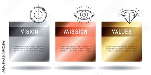 Mission, vision, values concept - three icons - vector illustration